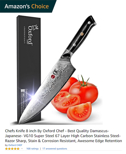  OXFORD CHEF Chefs Knife 8 inch Best Damascus- Japanese- VG10  Super Steel 67 Layer High Carbon Stainless Steel-Razor Sharp, Stain &  Corrosion Resistant, Awesome Edge Retention: Home & Kitchen