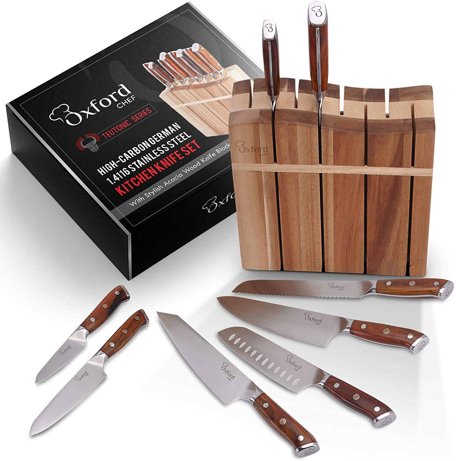 Kitchen Knife Set With Block: 8 Piece German 1.4116 High-Carbon Stainless Steel Knives - Full-Tang, Ergonomic Sandalwood Handles W/Stylishly Designed Acacia Wood Knife Block