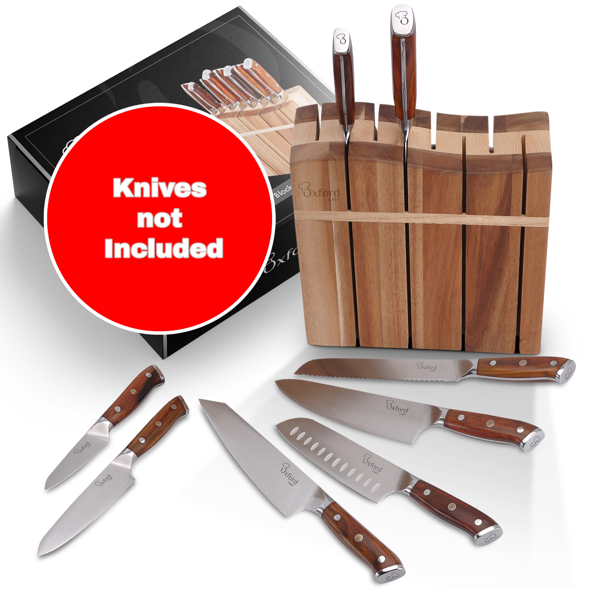 Wooden Kitchen Knife Block - Luxury Hand-Crafted Acacia Wood 8 Slot Storage Block. Can Hold 8 Knives Up To 9" Long. Non-Skid, Non-Scratch Rubber Feet