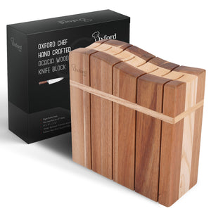 Wooden Kitchen Knife Block - Luxury Hand-Crafted Acacia Wood 8 Slot Storage Block. Can Hold 8 Knives Up To 9" Long. Non-Skid, Non-Scratch Rubber Feet