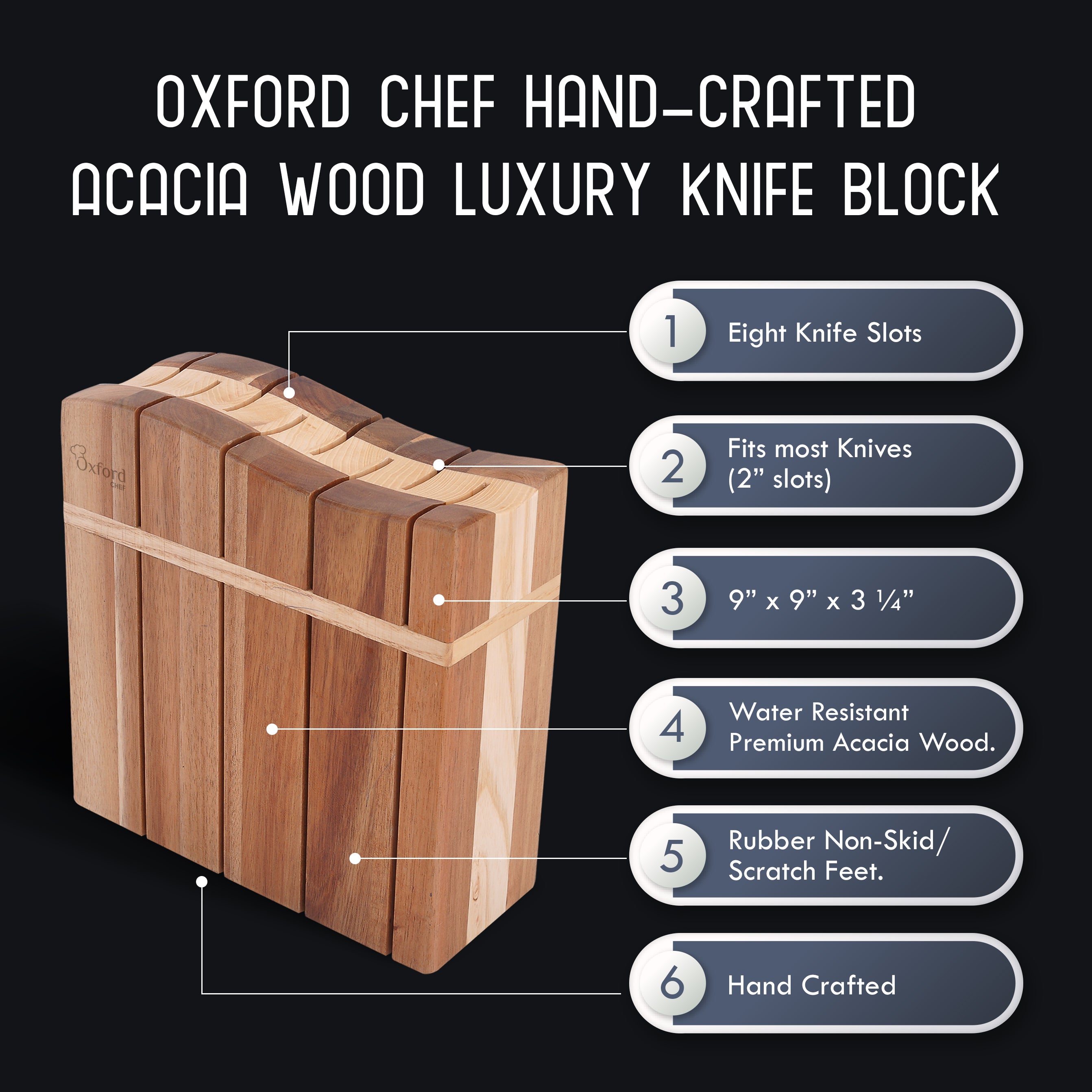 Wooden Kitchen Knife Block - Luxury Hand-Crafted Acacia Wood 8 Slot Storage Block. Can Hold 8 Knives Up To 9" Long. Non-Skid, Non-Scratch Rubber Feet