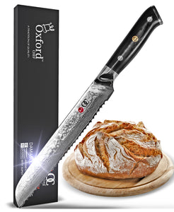 Bread Knife 8 inch by Oxford Chef - Best Quality Serrated Damascus- Japanese- VG10 Super Steel 67 Layer High Carbon Stainless Steel