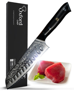 Santoku Chef’s Knife 7 inch: Best Quality Professional Scalloped (granton) edge Japanese VG10 67 Layer Damascus steel ultra sharp blade w/G10 handle.